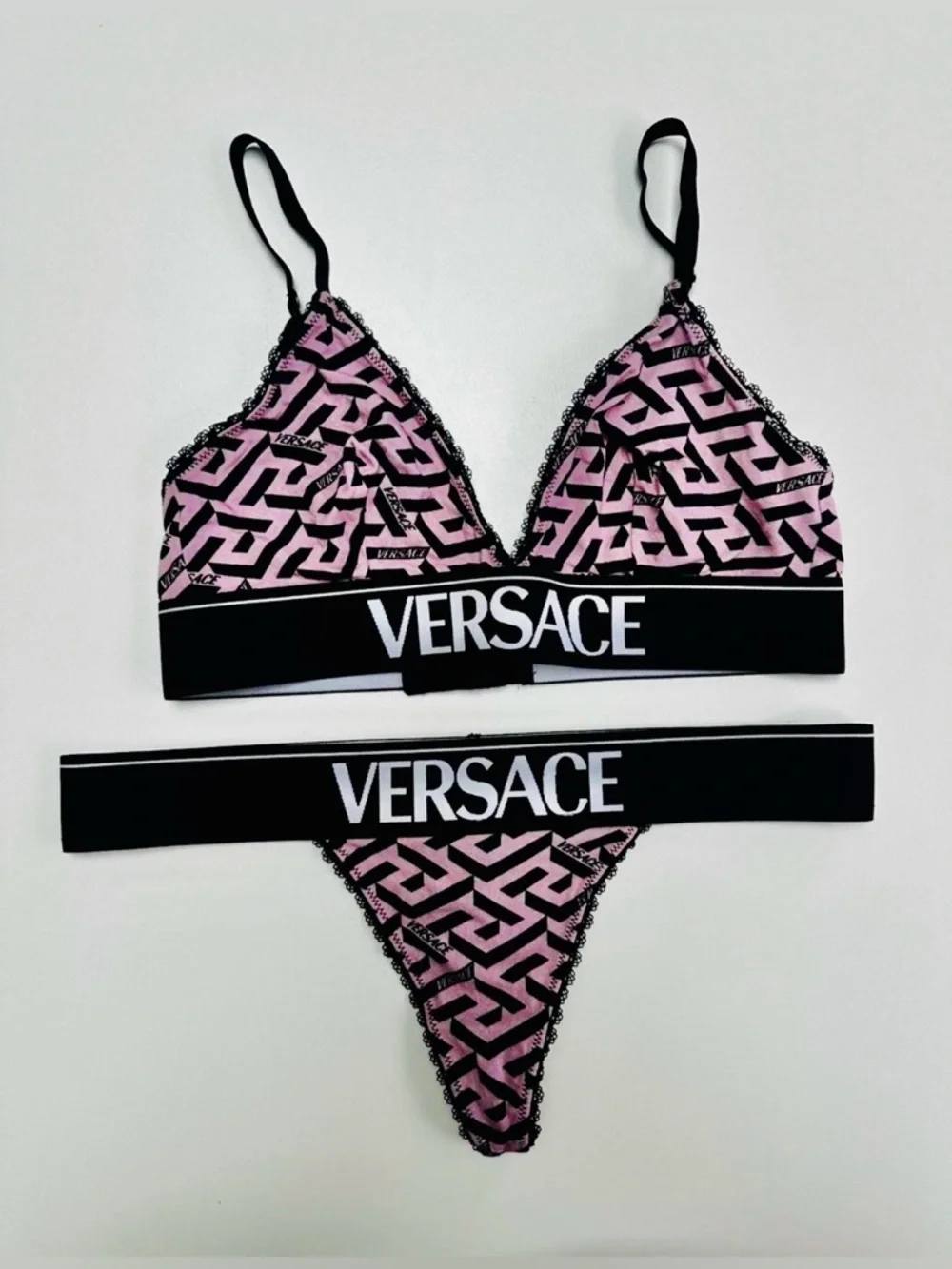 Versace Pink & Black Logo Cotton Triangle Bralette Top and Bottoms Size S to M - Picture 2 of 2